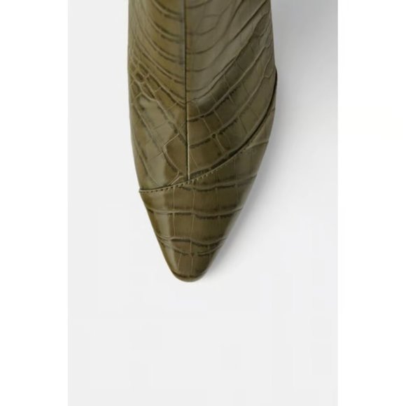 Zara Croc Print Embossed Heeled Olive Green Ankle Boot Booties, Sz EU 39 US 8 - Picture 7 of 13